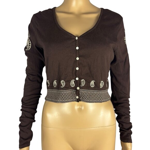 VTG Y2K Lucky Brand Embroidered Cardigan Sweater Crop Women’s Sz M Brown Cotton - Picture 1 of 10